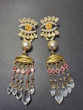 Schiaparelli Eye Chandelier Earrings Crystal Fringe Drops